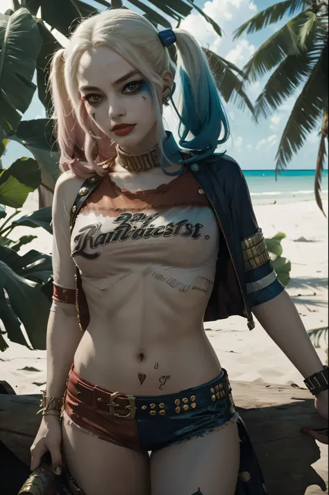 (SFW) Harley Quinn, makeup, crop top and hot pants, relaxing on a deserted tropical beach, dramatic lighting, (depth of field), ((masterpiece)), ((best quality)), ((highly detailed)), Gnarly Quim