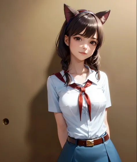 very young slim fit girl, pioneer neckerchief, very short blue skirt, bangs, collarbone, tight white shirt, bursting breast, short sleeves, collared shirt, belt, red neckerchief, full height, rounded face, very long disheveled dark brown hair, big brown ey...