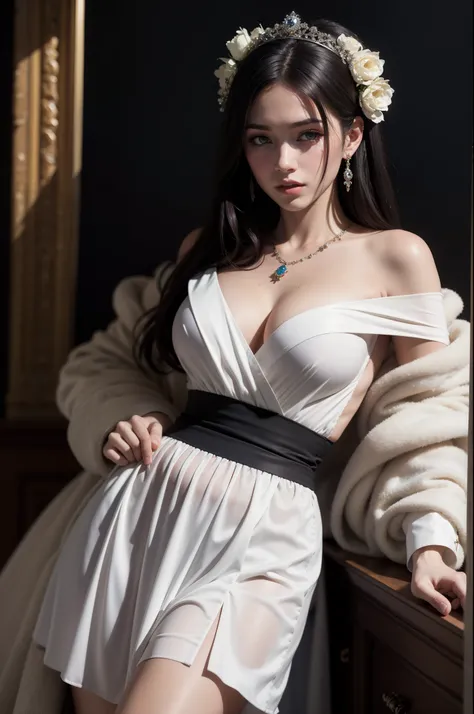 ((photorealism, high quality, detail)), (more than half of the body) An aristocratic young woman from a fictional European medieval aristocracy looks at us with seductive eyes. . (stands holding her skirt with her hands) she is dressed in a simple blue dre...