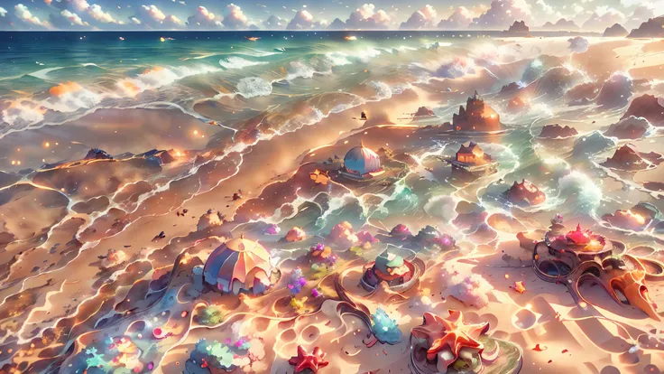 Masterpiece, best quality, 8k, panoramic view, magical scenery, outdoor day, Beach, Sand that looks like a golden carpet. Sky, cloud, day, without humans, soft sound, waves, Starfish, chatty crabs, noisy seagulls, which filled the environment with their an...