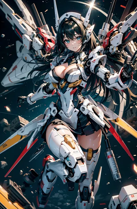 hyper quality、8K quality、High resolution、Image quality taken with a single-lens reflex camera、perfect anatomy、green eyes、triumphant smile、（nurse mecha girl:1.2）、black-haired beautiful girl、Nurse style mechanical parts with a three-dimensional feel、skirt（Sy...