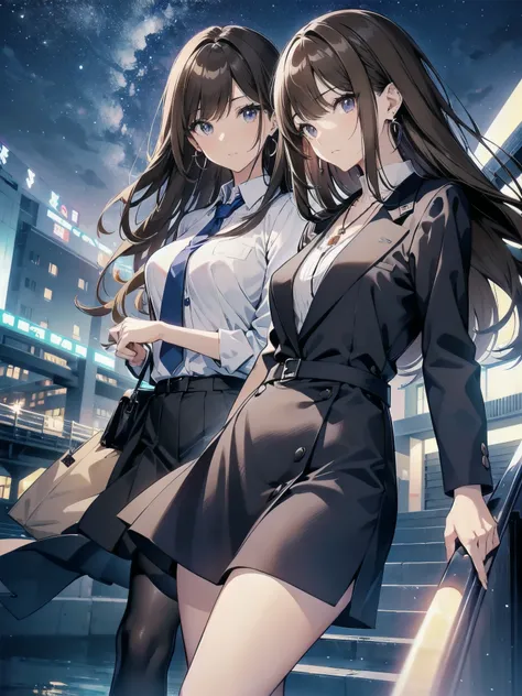 A 27-year-old adult female office worker is wearing a high school uniform.、Anime style illustration for men、Bank of the river in Tokyo late at night、Lob hair with dark brown highlights and light brown hair、taller、sapphire earrings and necklace、night sky an...