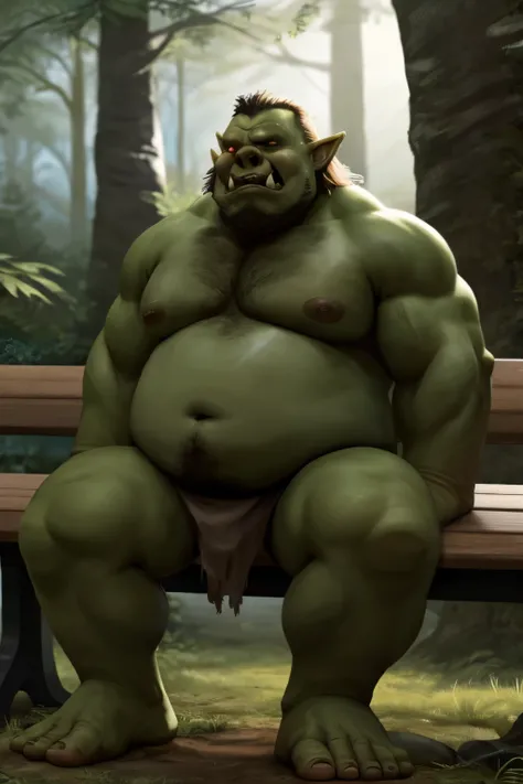 White，fat man，Dog Orc， inside a forest, OKcers, OK, without clothes, Sit on the bench，