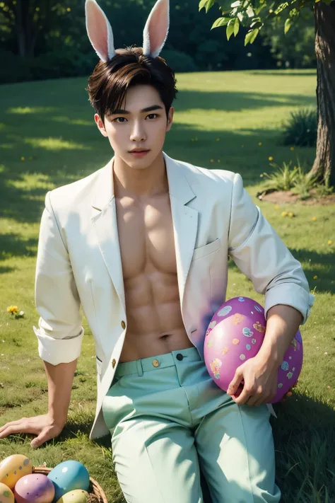 ((photorealistic, masterpiece, best quality, 4k, highres)) Craft an enchanting Easter fantasy scene featuring a (young and handsome asian male model) reclining in a lush grassy field. He wears adorable pastel-colored underwear, adorned with charming bunny ...