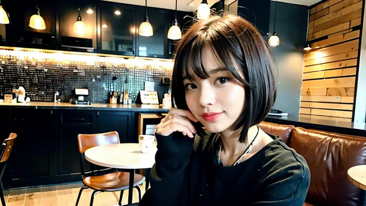 (最high quality、8k、32K、masterpiece:1.2)、A photo of a female college student who looks like a cute model、normal breasts、short bob hair、Upper body、face focus、extra large_sweater、necklace、look at the audience、background a trendy coffee shop with a unique aesth...