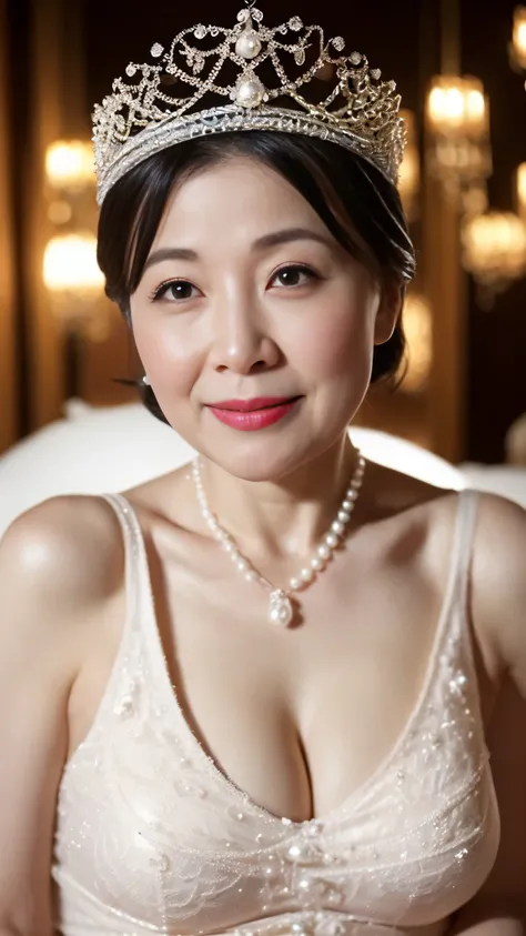 ((Focused)), (chandelier), (Wearing a tiara), pearl necklace, gravure, describe the lips correctly, red lipstick, from the chest up, In underwear, senior citizen,mature woman, flashy face, highest quality, super high quality, realistic, super dense skin, p...