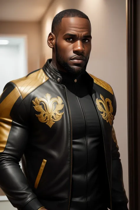 Photo of LeBron James, athletic man, ((Tight black and gold leather jacket)), ((Highlights enormous bulging biceps)), ((Detailed face:1.2)), ((Defined facial features)), ((Smooth and toned skin)),, Dressed in a stylish jacket, Living room environment, Stan...