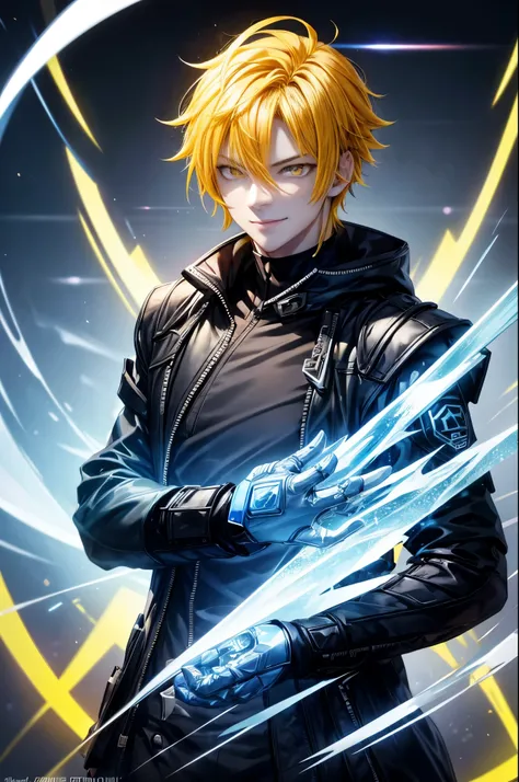 1boy,soft face,grinning expression,wearing a black jacket, blue ice energy all around, ice, blizzard, (yellow eyes), ((yellow hair)),short messy unkept hair, ultra detailed eyes, glowing eyes, highest quality digital art, Stunning art, wallpaper 4k, highly...