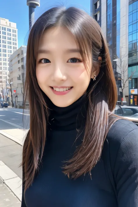 The face of the hostess、turtleneck wool sweater、hiquality、A hyper-realistic、healthy、Smiling expression、Slender perfect figure、Japan Beauty、 perfect  eyes、Beautiful skin、The upper part of the body、Snowy city