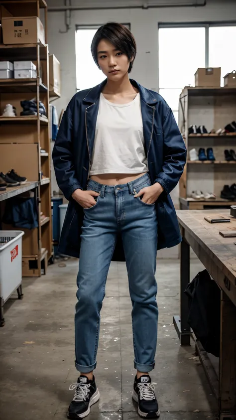 A short haired korean girl crossdressing as a man wearing mans jacket, shirt, long jeans, and shoes standing in a workshop with cool pose and fierce expression, body facing straight to the camera.