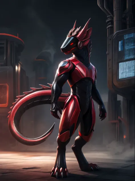 rotogen male,no fur,red visor,(realistic,photorealistic:1.37),black latex skin,dragon,full body,standing in front of a steel wall,holding a red shiny disc,looking right,looking down,grim expression,1 tail,vivid colors,sharp focus,ultra-detailed,physically-...