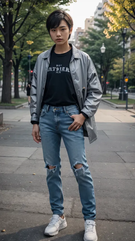 A short haired korean girl crossdressing as a man wearing mans jacket, shirt, long jeans, and shoes standing in a park with cool pose and fierce expression, body facing straight to the camera.