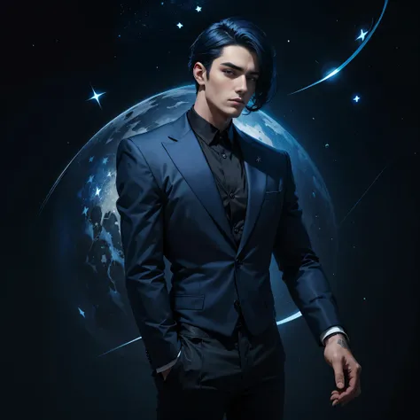  man  have dark blue  hair wearing  dark blue and black outfit with stars and  moons pattern , 