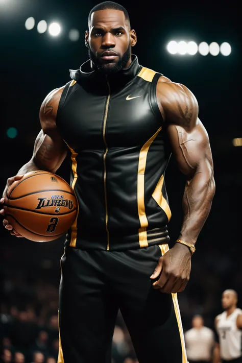 Photo of LeBron James, athlete, (Tight black and gold leather jacket), ((Muscular build: 1.5)), ((Extraordinarily bulging biceps)), ((Portrait)), ((Detailed face:1.0)), ((Distinctive facial features: strong jawline, intense gaze)), ((Finely detailed skin: ...