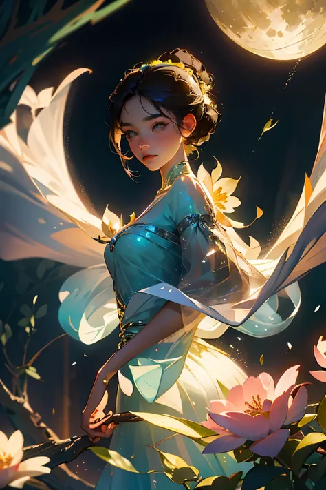 A mesmerizingly detailed depiction of a whimsical scene unfolds before your eyes. An ethereal dainty sprite, with delicate wings fluttering gently, gracefully perches upon a resplendent blossom. The surreal beauty of the scene is heightened by the enchanti...