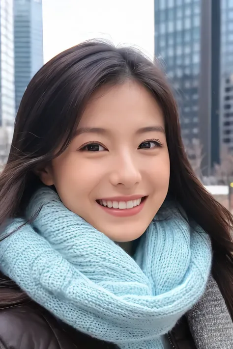 The face of the hostess、turtleneck wool sweater、hiquality、A hyper-realistic、healthy、Smiling expression、Slender perfect figure、Japan Beauty、 perfect  eyes、Beautiful skin、The upper part of the body、Snowy city