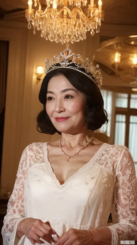 ((elderly mature woman)), ((Focused)), (chandelier), (Wearing a tiara), pearl necklace, gravure, describe the lips correctly, red lipstick, from the chest up, In underwear, senior citizen,mature woman, flashy face, highest quality, super high quality, real...