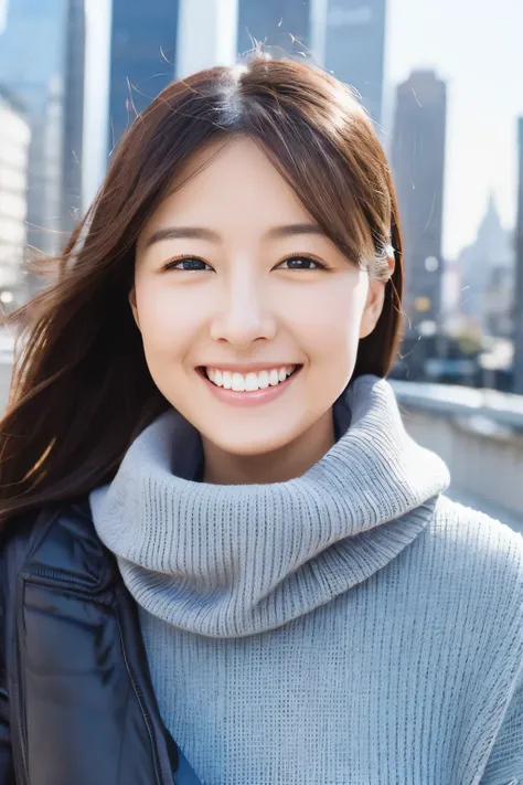 the face of the hostess、turtleneck wool sweater、hiquality、a hyper-realistic、healthy、smiling expression、slender perfect figure、ja...