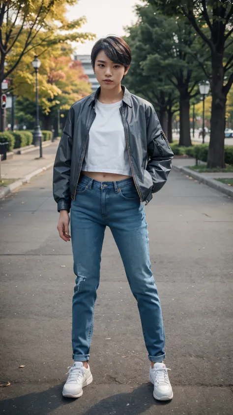 A short haired korean girl crossdressing as a man wearing mans jacket, shirt, long jeans, and shoes standing in a park with cool pose and fierce expression, body facing straight to the camera.