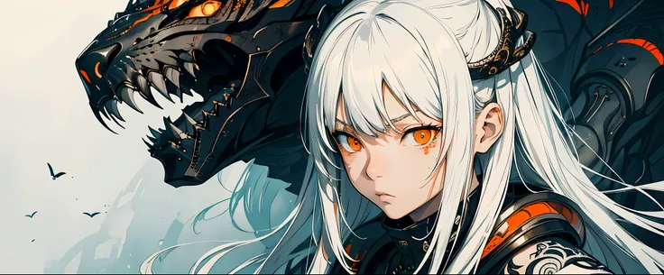 style of Tsutomu Nihei,(incredibly absurdres, (high resolution:1.18), intricate detail, (masterpiece:1.1), (highest quality:1.1), absurdres),(1girl, portrait, white hair, orange eyes, long hair, detailed eyes),