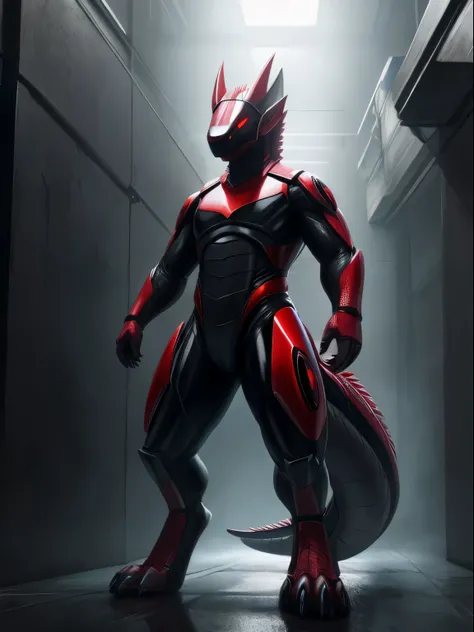 rotogen male,no fur,red visor,(realistic,photorealistic:1.37),black latex skin,dragon,full body,standing in front of a steel wall,holding a red shiny disc,looking right,looking down,grim expression,1 tail,vivid colors,sharp focus,ultra-detailed,physically-...