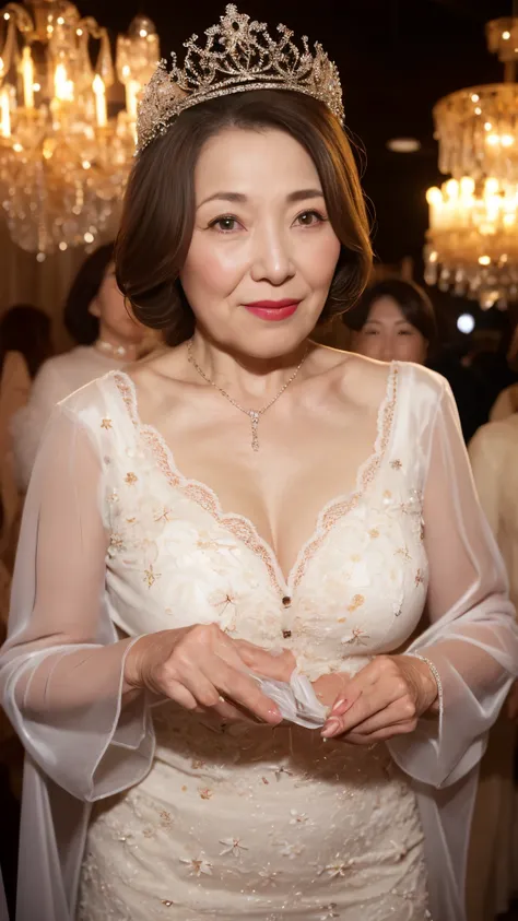 ((elderly mature woman)), ((Focused)), (chandelier), (Wearing a tiara), pearl necklace, gravure, describe the lips correctly, red lipstick, from the chest up, In underwear, senior citizen,mature woman, flashy face, highest quality, super high quality, real...