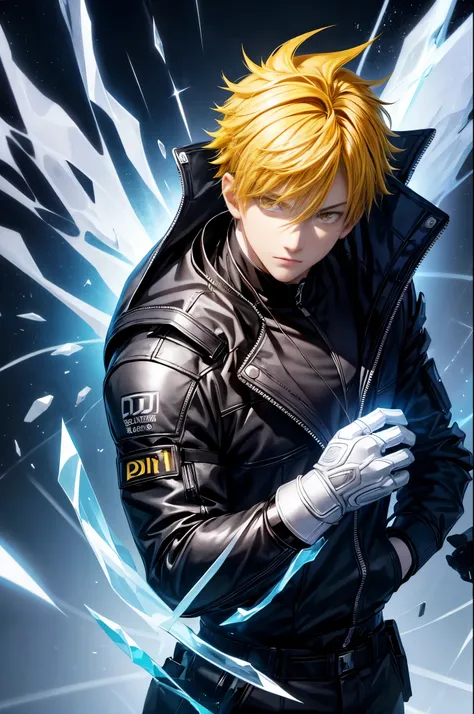 1boy,soft face,confident,young adult,wearing a black jacket, blue ice energy all around, ice, blizzard, (yellow eyes), ((yellow hair)),short messy unkept hair, highest quality digital art, Stunning art, wallpaper 4k, highly detailed,BREAK, (anime style), e...