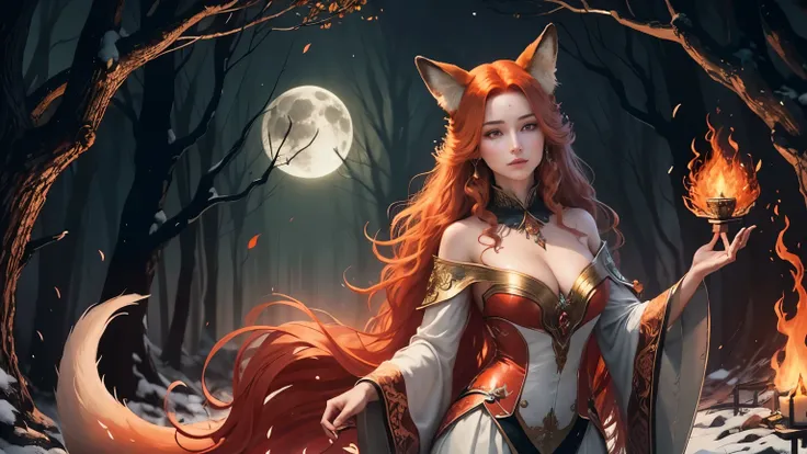 The spirit of the fox, embodying grace and enchantment, gracefully transformed into a woman with flowing auburn hair and piercing gaze, forests, moon, flowers, fires in background