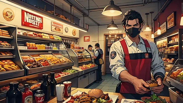 Generate an image of my character Montoya Montana a hispanic male, an employee at Burger Shot in Grand Theft Auto V. Montoya is wearing the standard Burger Shot uniform, a large Jersey with Burger Shot and number 99. Wearing a mask of a Burger with eyes th...