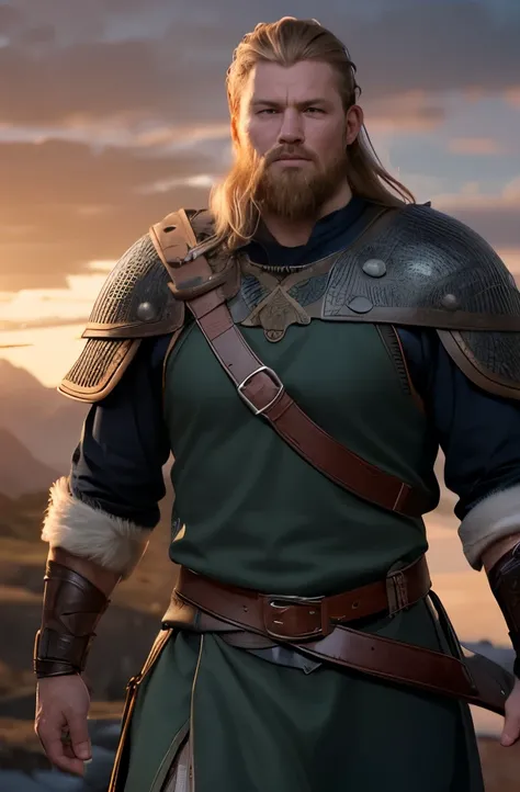 viking, young man, strong man, realistically, dynamic light, old, gray stubble, full shot, (Highly detailed CG Unity 8k wallpaper), Trending at Art Station, Trending on CGsociety, high detail, sharp focus, dramatic, realistic, Leather belt at waist, Thigh,...