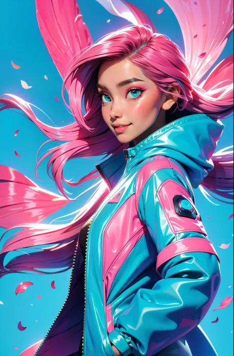 cyberpunk female woman wearing (turquoise Jacket with chromatic accents:1.1), sleek pink and White full bodysuit, side view turning to face camera, (Petal Blush, Lagoon Blue color background:1.3), amazing smile, looking at camera, golden hour
