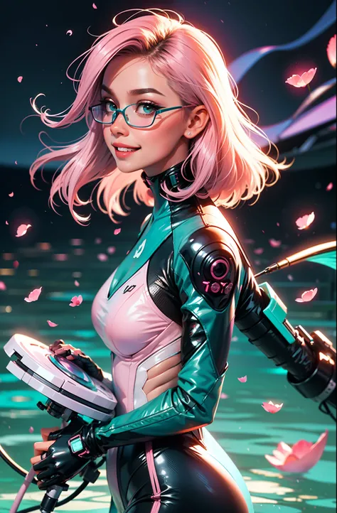 Eyeglasses, Vision Pro googles, cyberpunk female woman (chromatic accents:1.1), sleek pink and White full bodysuit, side view turning to face camera, (Petal Blush, Lagoon Blue color background:1.3), amazing smile, looking at camera, golden hour