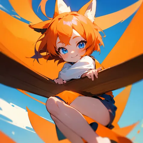 young girl with orange short hair with fox ears. with sky blue eyes and happy face. chibi