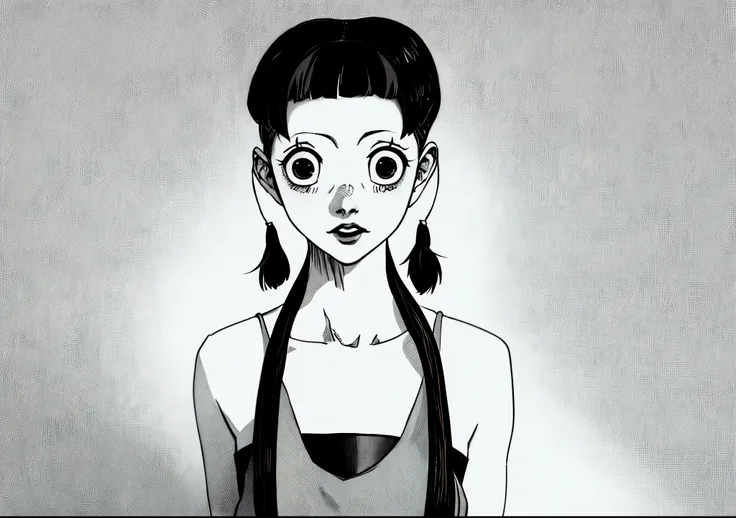 painting of a woman with long hair and a black top, That&#39;s Junji&#39;s style, black pigtails, black and white manga style, Manga style, anime style, Manga style, manga characters, detailed manga style