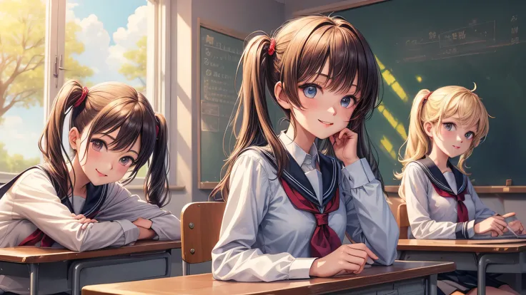 (2 girls:1.2), cute face, shining smile, twin tails, (school uniform, mini skirt:1.2), (highest quality: 1.4), (Super detailed), (highest quality:1.4), (super detailed), School, classroom, blackboard, window, Day光, cherry blossoms,  Sunny, cloud, Day, blue...