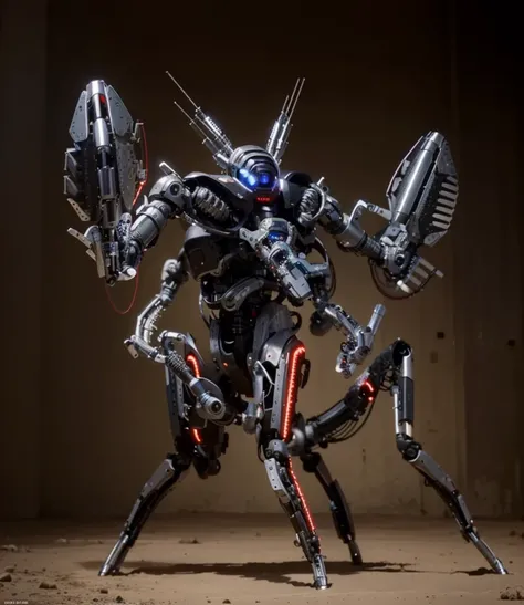 Ultra advanced biomechanical cyborg robot, en medio de su pecho tiene una cabeza humana conectada al cuerpo mediante cables, color negro y rojo, has a big laser cannon, sensores y antenas, human arms with robotic inserts, Cables y tubos rodean su cuerpo. ,...