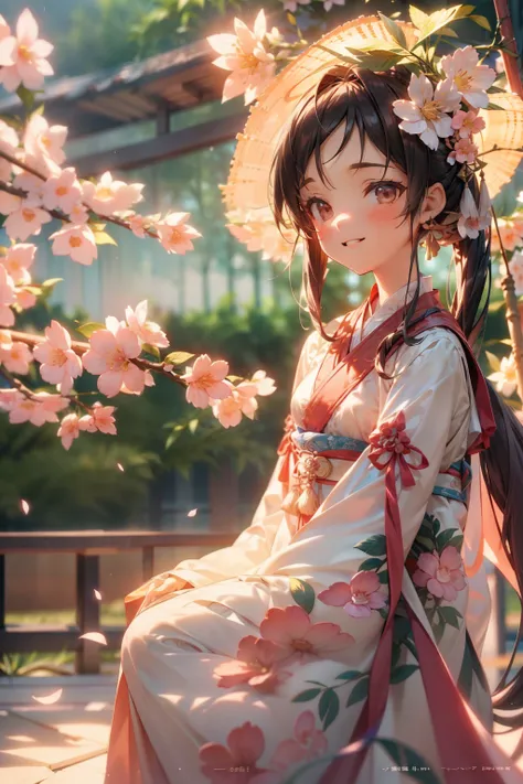 movie angle，（cute girls，correct anatomy，full body esbian，masterpiece peach blossom，representative works hanfu，smile），（enlightenm...