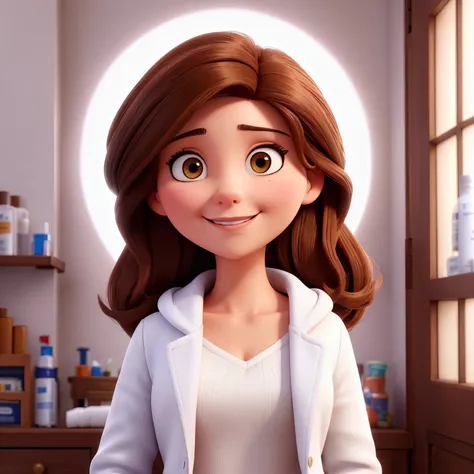 Brunette woman in white pharmacist coat,cabelos bem cacheados,rosto arrendado e olhos levemente puxados sorridente 