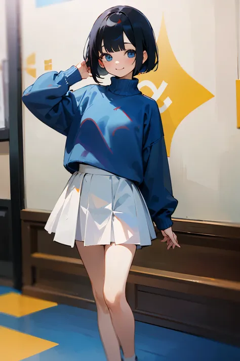 with the best image quality、8K、teenage girl standing in the room。black bob hair、cute smile.。blue sweater、wearing a white skirt。