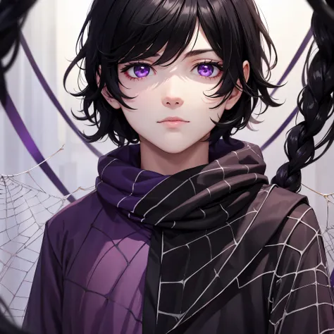 1boy, black hair, purple eyes , very white skin , over spider web