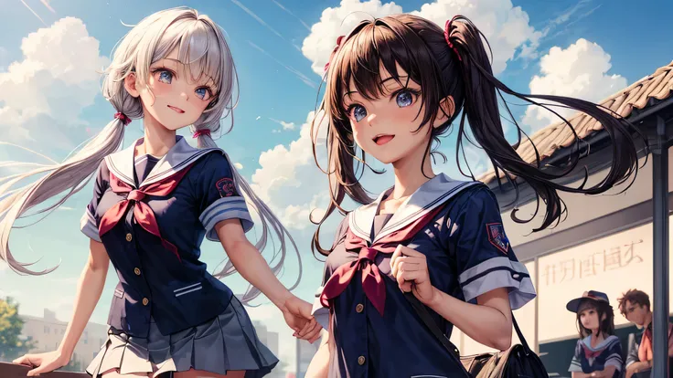 (2 girls:1.2), cute face, shining smile, twin tails, (school uniform, mini skirt:1.2), (highest quality: 1.4), (Super detailed), (highest quality:1.4), (super detailed), Day光, Sunny, cloud, Day, blue sky, (anime illustration),