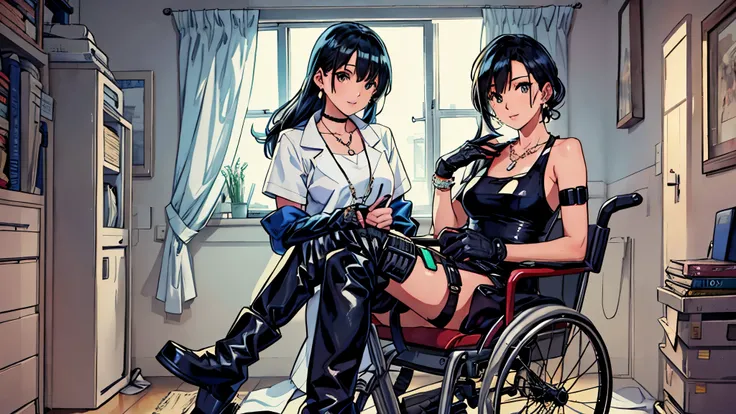 (best quality,4k,highres,ultra-detailed,realistic:1.2),Inside the hospital1,8,inside room,two girls,they’re riding wheelchair,((blue colored inner black hair,cyberpunk fashion,Parker,earrings,necklace,fingerless gloves,race-up long boots)),they’re facing t...