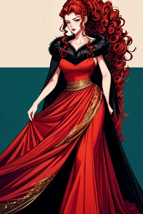 a princess in a ball gown dress red gold and black, shoulders covered, torso covered, that goes from neck to toe, with full skirt, a long fur cape, curly hair in a high ponytail, red lips, blue eyes, detailed eyes and lips