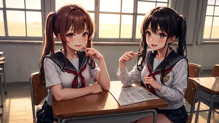 (2 girls:1.2), cute face, shining smile, twin tails, (school uniform, mini skirt:1.2), (highest quality: 1.4), (Super detailed), (highest quality:1.4), (super detailed), sunlight, (anime illustration), beautiful sunset, classroom, window, 