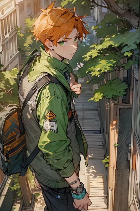 1male, Teen, Amber Orange Hair, Short Hair, Undercut Hair, Green Eyes, Green Jacket, Watch, City, Walking on Path, Serious