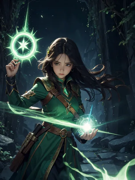 a powerful spell，Can create a magical protective barrier, A woman uses green magic to conjure a magical shield into a perfect fantasy world.