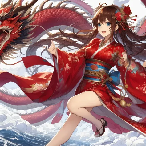 A woman in a red kimono，There is a dragon on its back, 4k comic wallpaper, anime art wallpaper 8k, anime style 4k, Anime Art Wallpaper 4k, anime art wallpaper 4k, dragon girl, anime wallpaper 4k, anime wallpaper 4k, best anime 4k konachan wallpapers, majes...