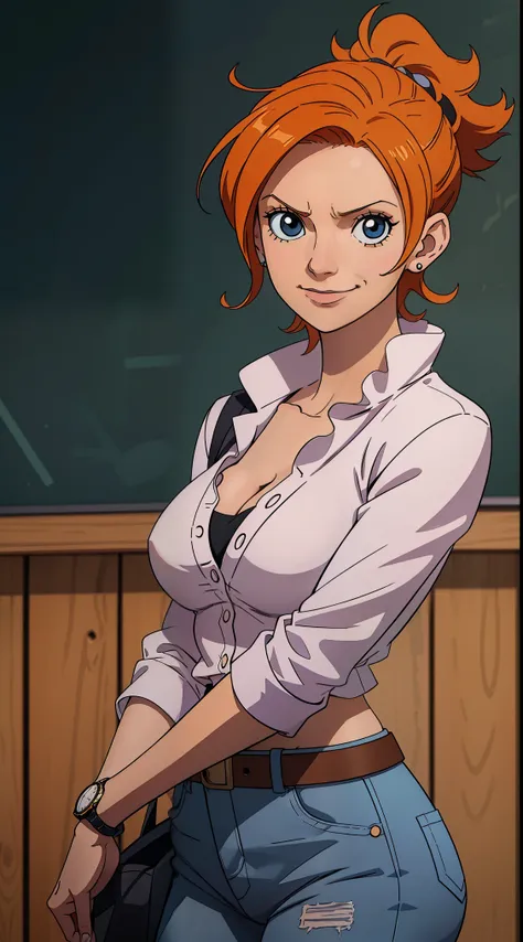 koala from anime one piece, short hair, orange hair, ponytail, beautiful, beautiful woman, perfect body, perfect breasts, wearing white shirt, black cardigan, long jeans, handbag, wearing watch, wearing earrings, in class , on campus, university, blackboar...