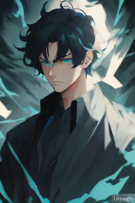 Spectral boy man, with dark aura, black clothing and turquoise blue eyes, long stylized black hair, confused and serious look, attractive. (Anime art) (Manga art) (Manhwa art)