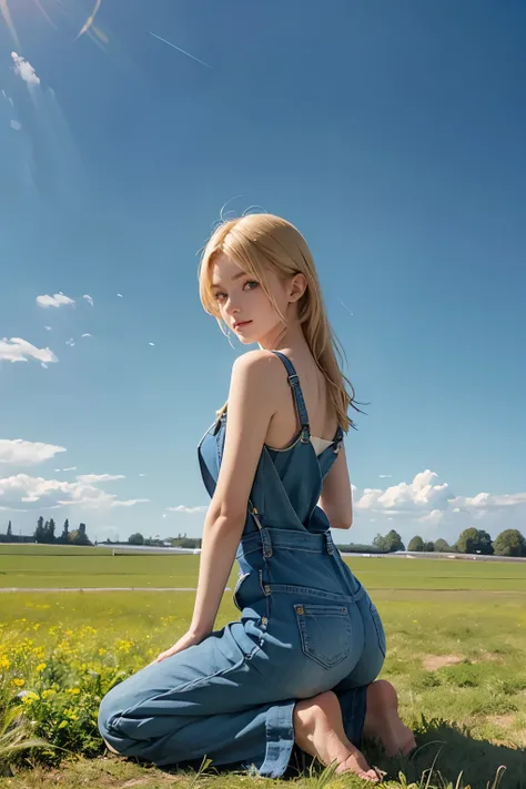 slender kneeling adult woman in blue overalls green field, blonde in her 20s, looking over shoulder, low angle, vast blue sky behind, back turned, hands flat on ground, bare feet, smirk, crawling, hands and knees